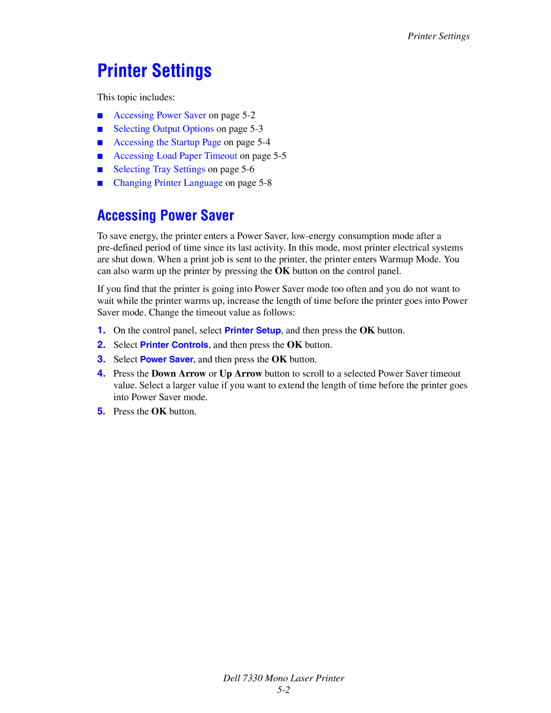 Dell 7330 manual Printer Settings, Accessing Power Saver 