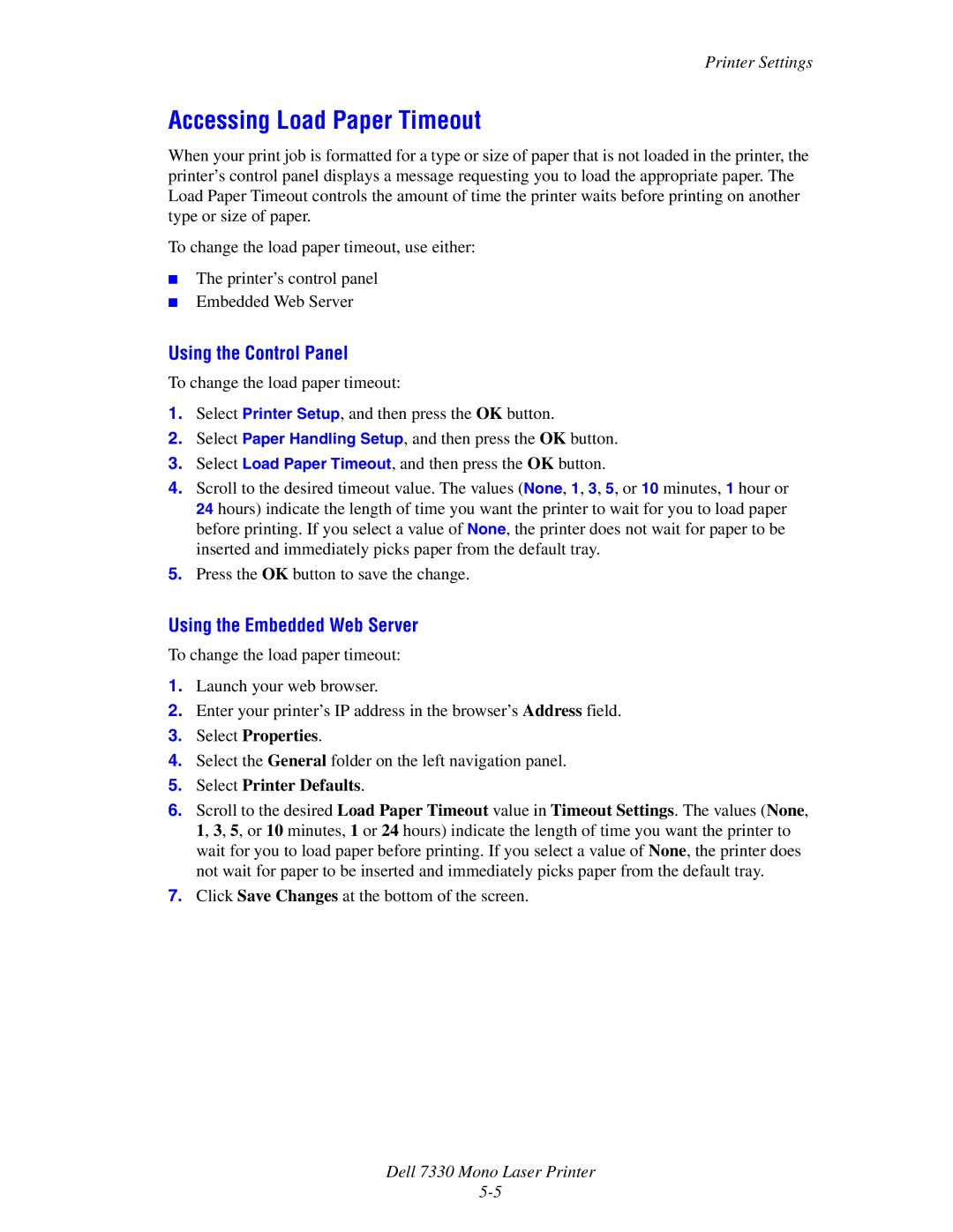 Dell 7330 manual Accessing Load Paper Timeout 