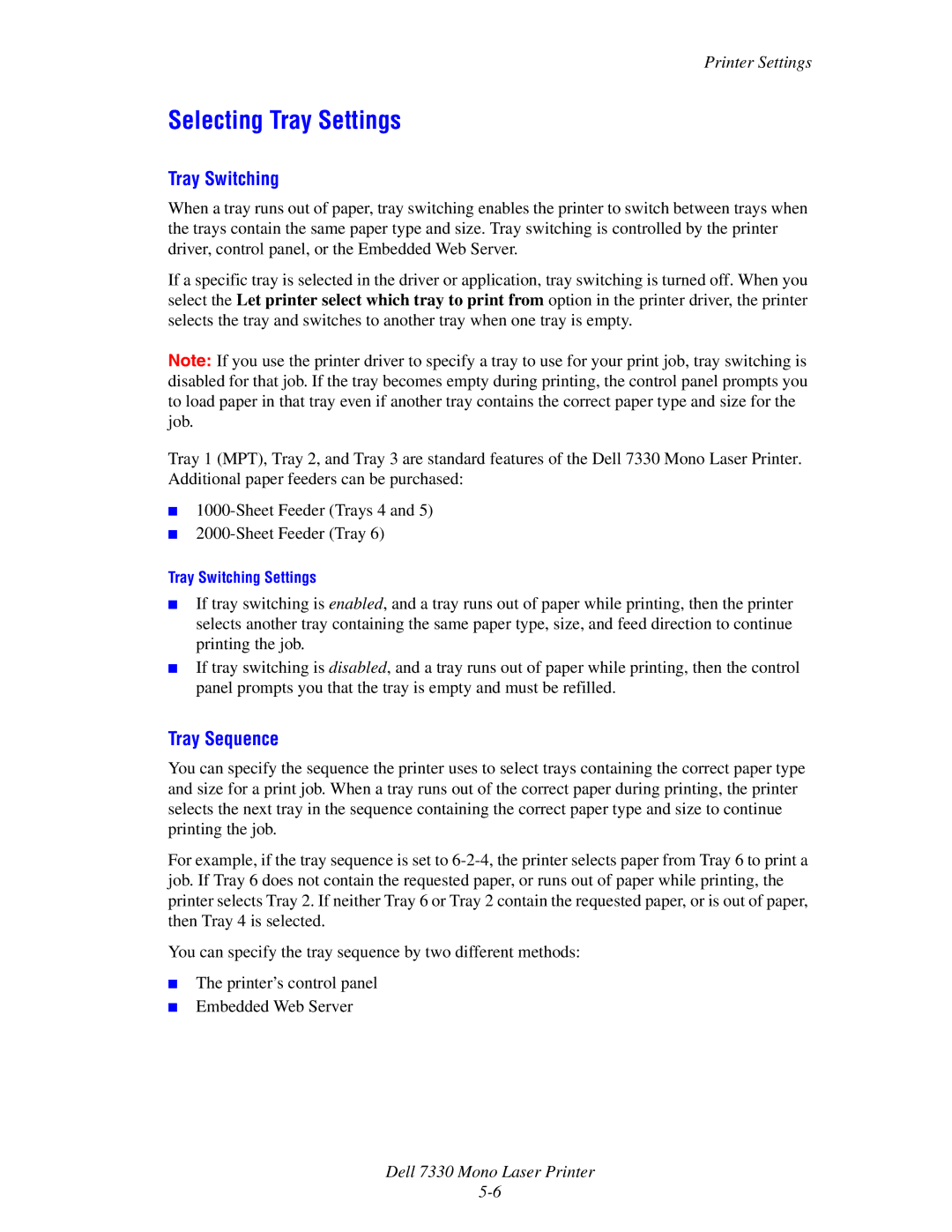 Dell 7330 manual Selecting Tray Settings, Tray Switching, Tray Sequence 