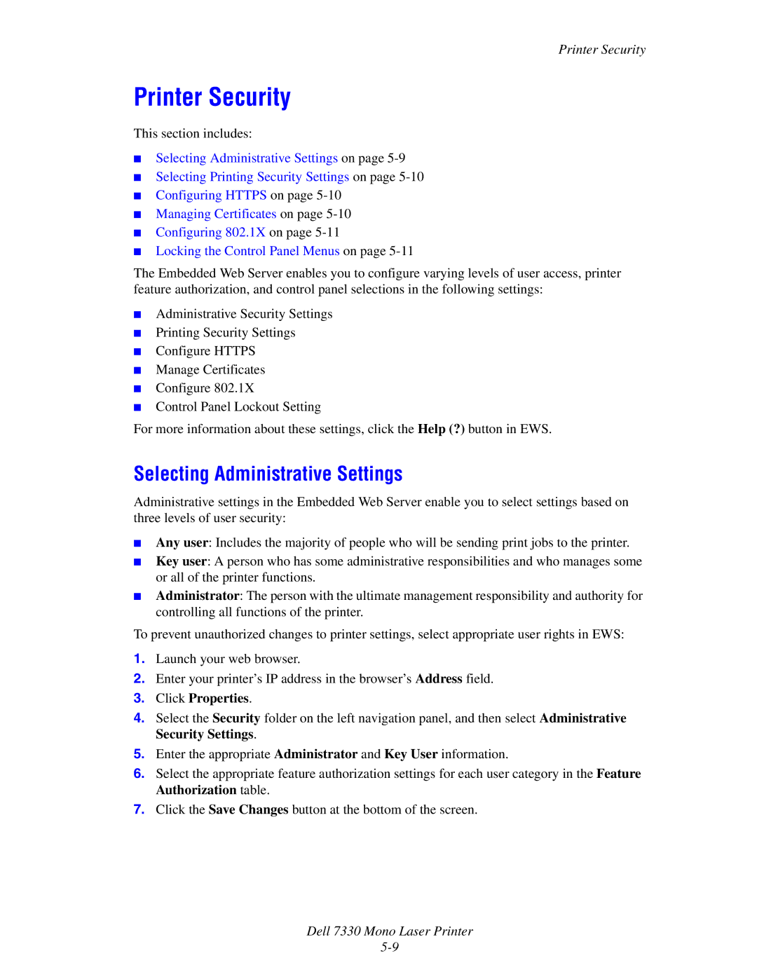 Dell 7330 manual Printer Security, Selecting Administrative Settings 