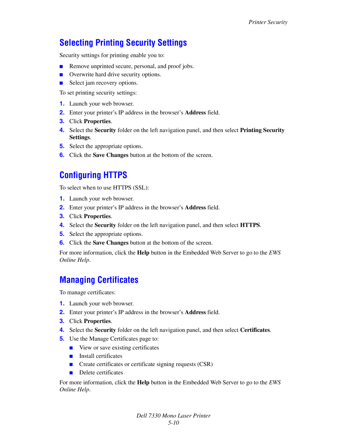 Dell 7330 manual Selecting Printing Security Settings, Configuring Https, Managing Certificates 