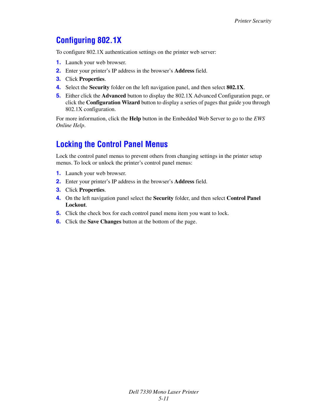 Dell 7330 manual Configuring, Locking the Control Panel Menus 