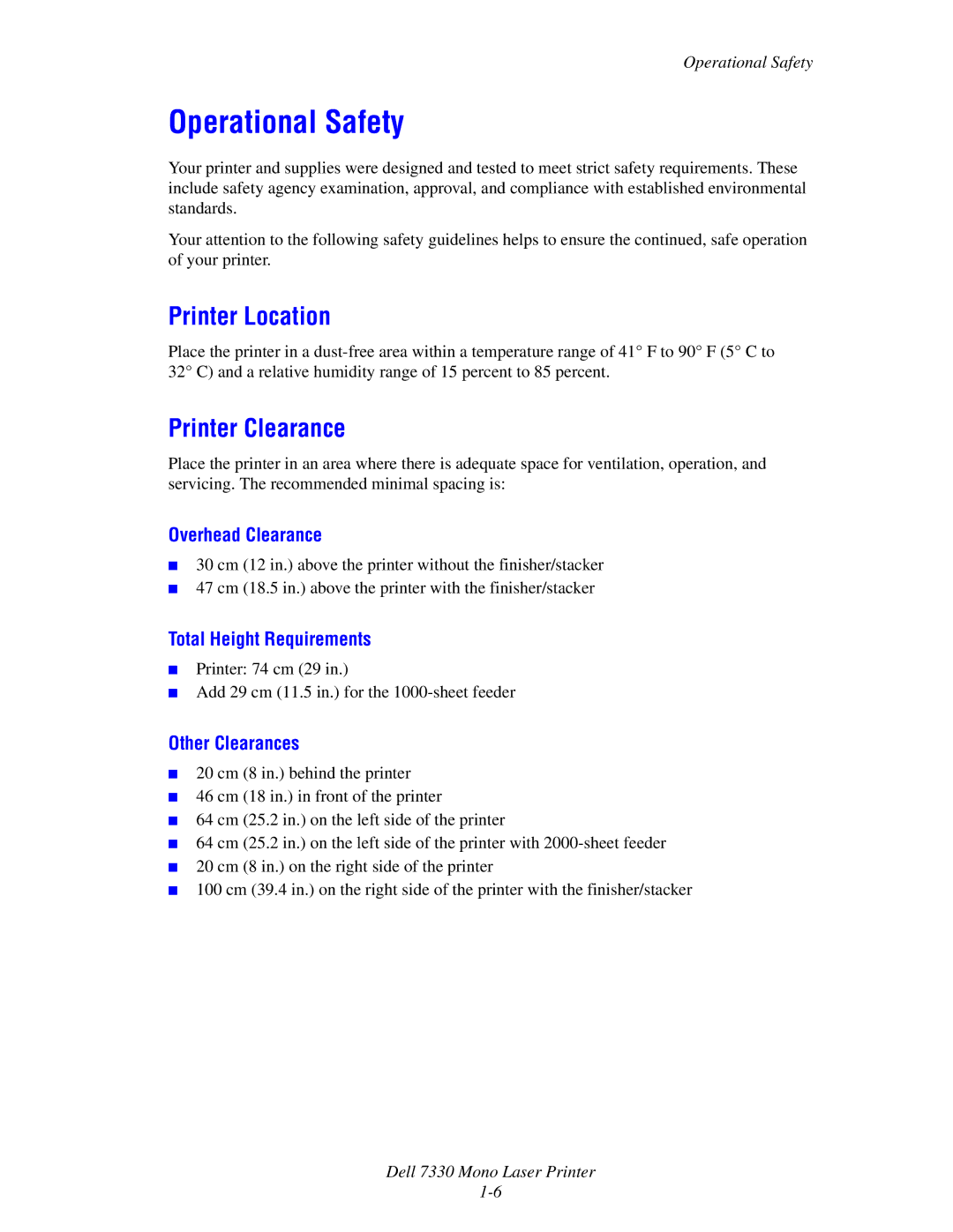 Dell 7330 manual Operational Safety, Printer Location, Printer Clearance 