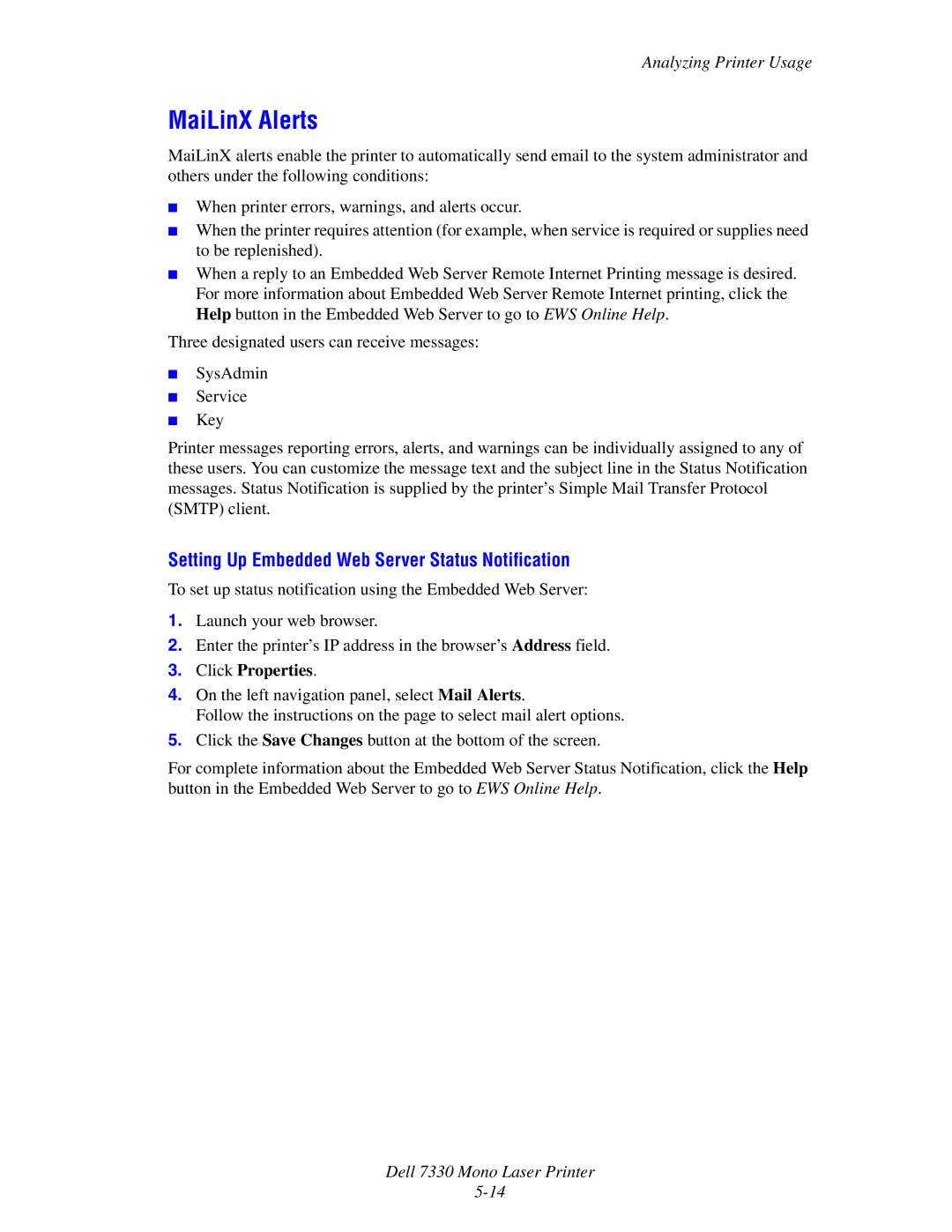 Dell 7330 manual MaiLinX Alerts, Setting Up Embedded Web Server Status Notification 