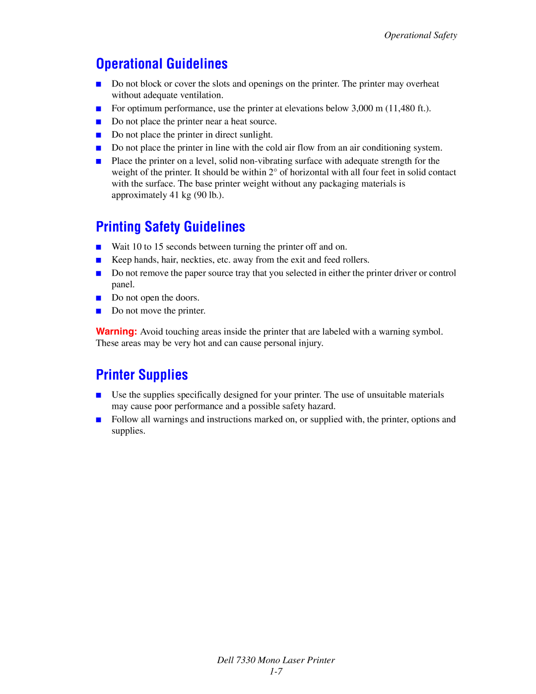 Dell 7330 manual Operational Guidelines, Printing Safety Guidelines, Printer Supplies 