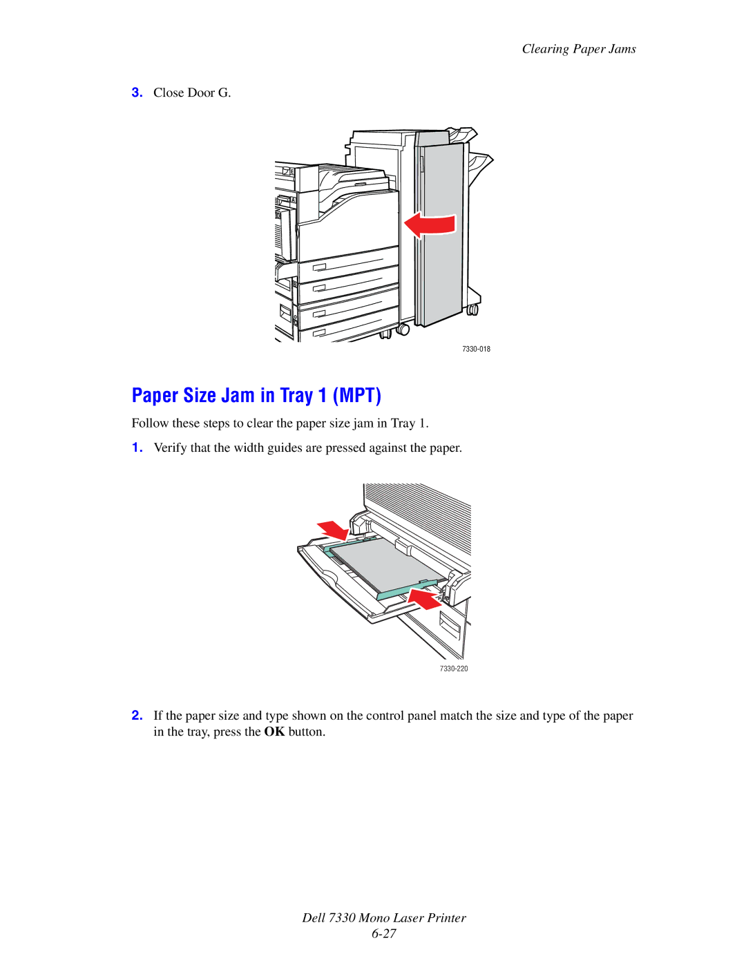 Dell 7330 manual Paper Size Jam in Tray 1 MPT 