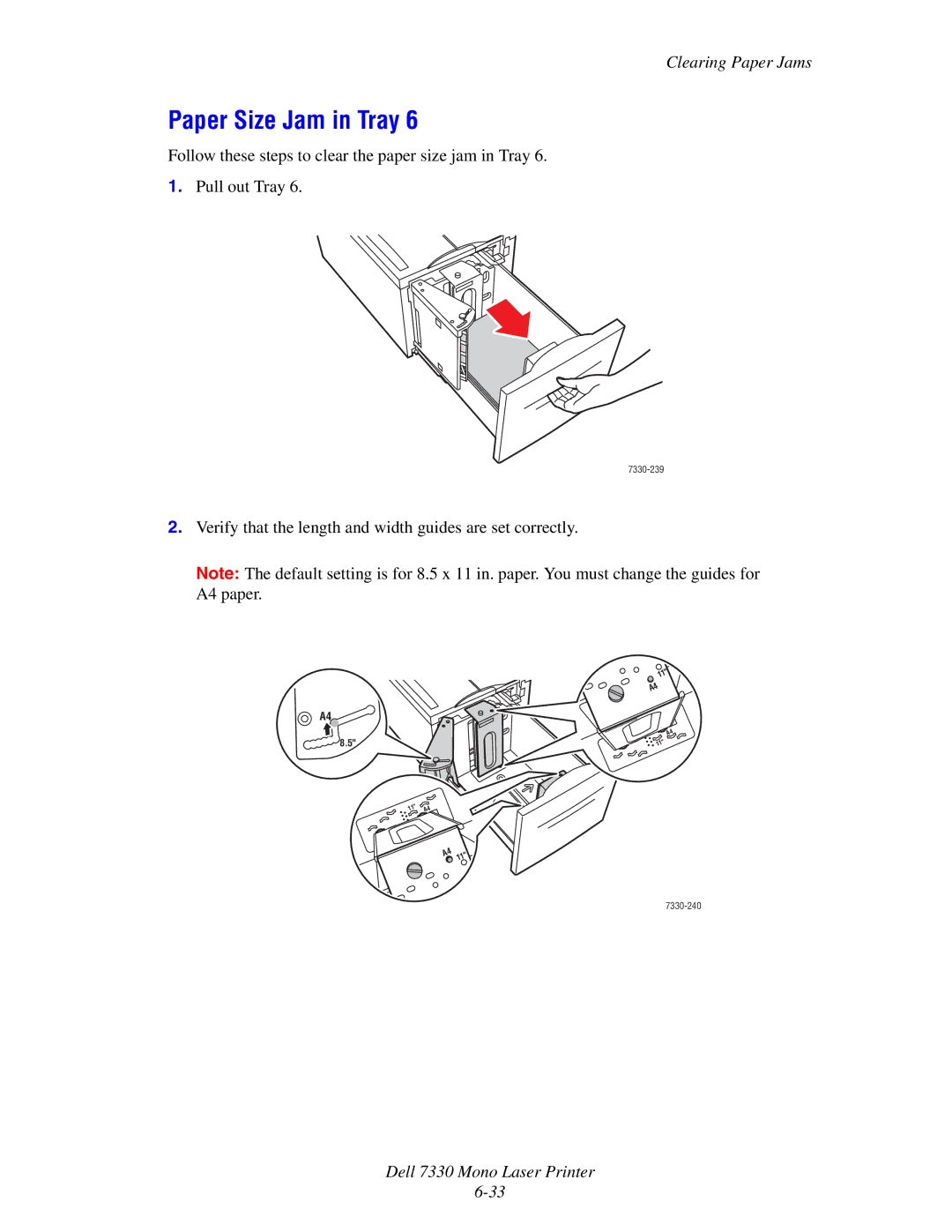 Dell 7330 manual Paper Size Jam in Tray 