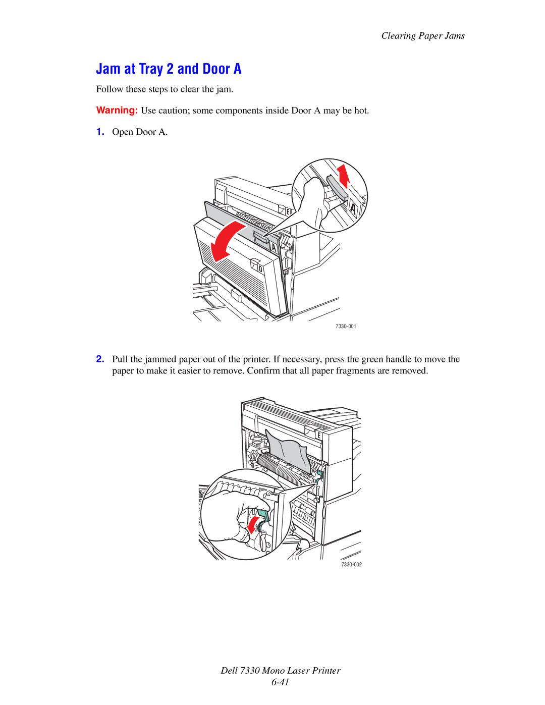 Dell 7330 manual Jam at Tray 2 and Door a 