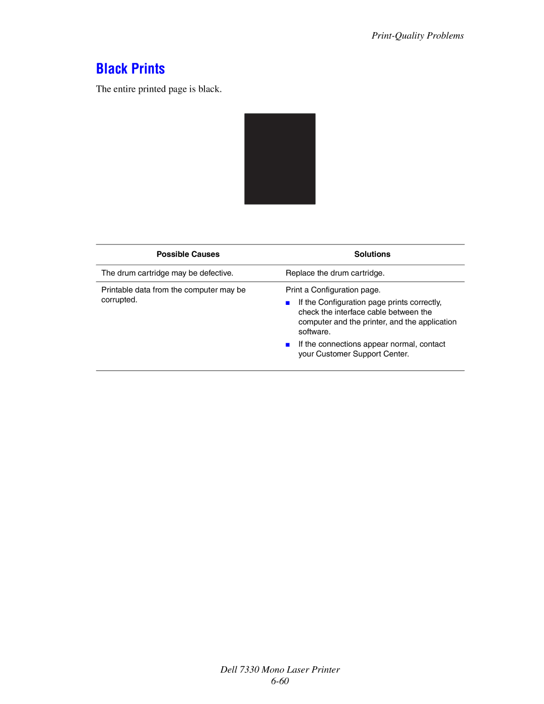 Dell 7330 manual Black Prints, Entire printed page is black 