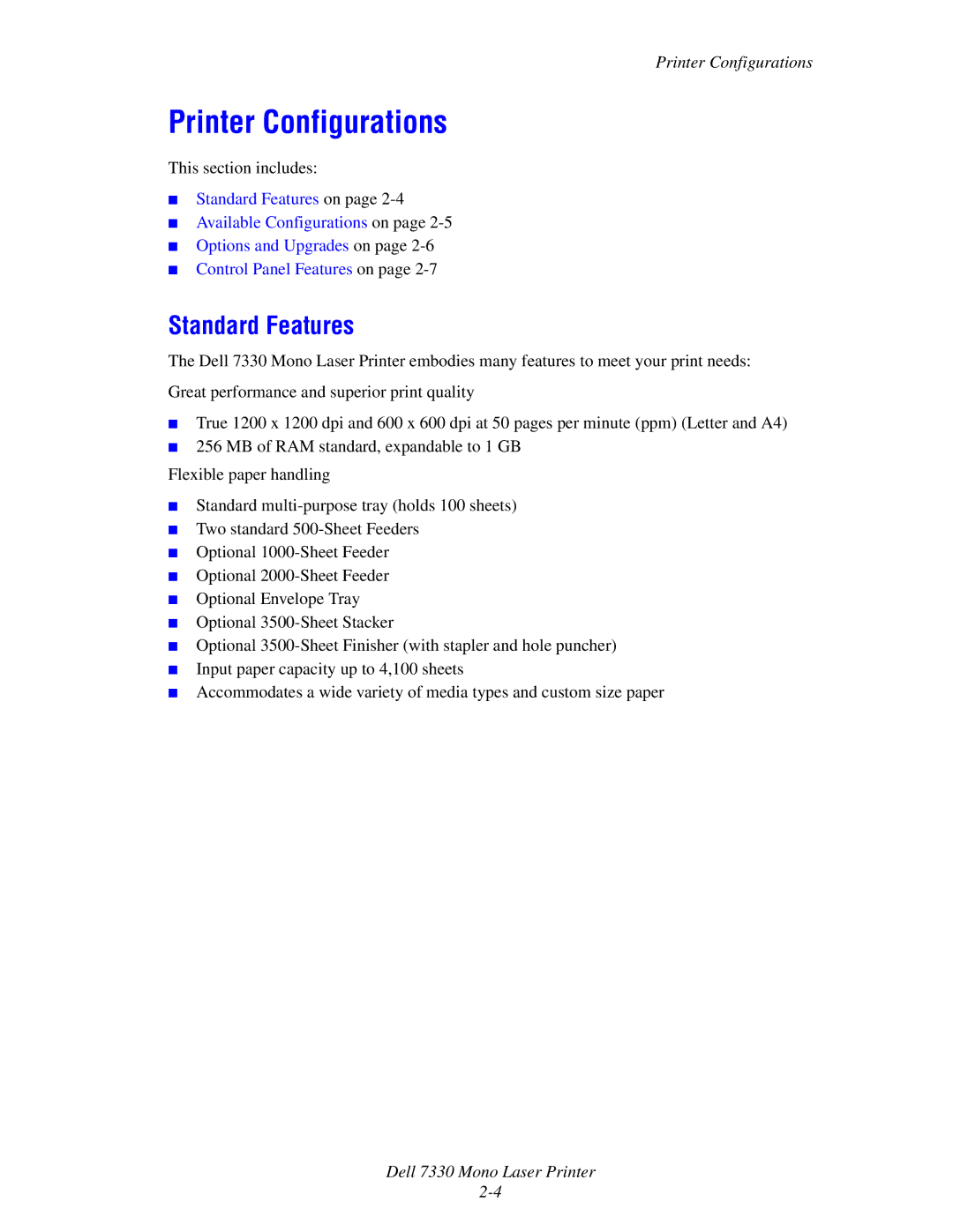 Dell 7330 manual Printer Configurations, Standard Features 