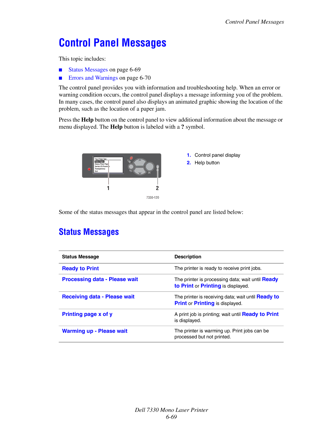 Dell 7330 manual Control Panel Messages, Status Messages 