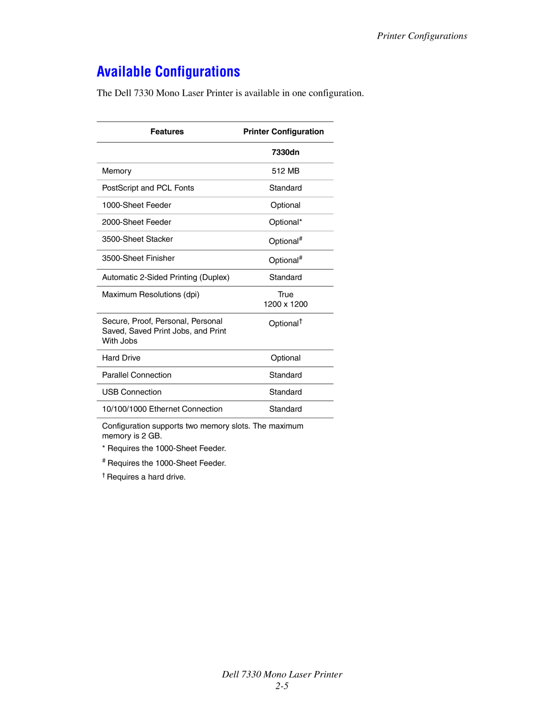 Dell 7330 manual Available Configurations, Features Printer Configuration 