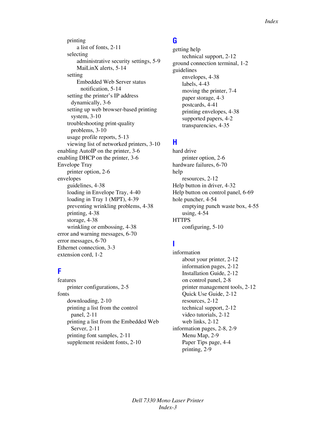 Dell manual Dell 7330 Mono Laser Printer Index-3 