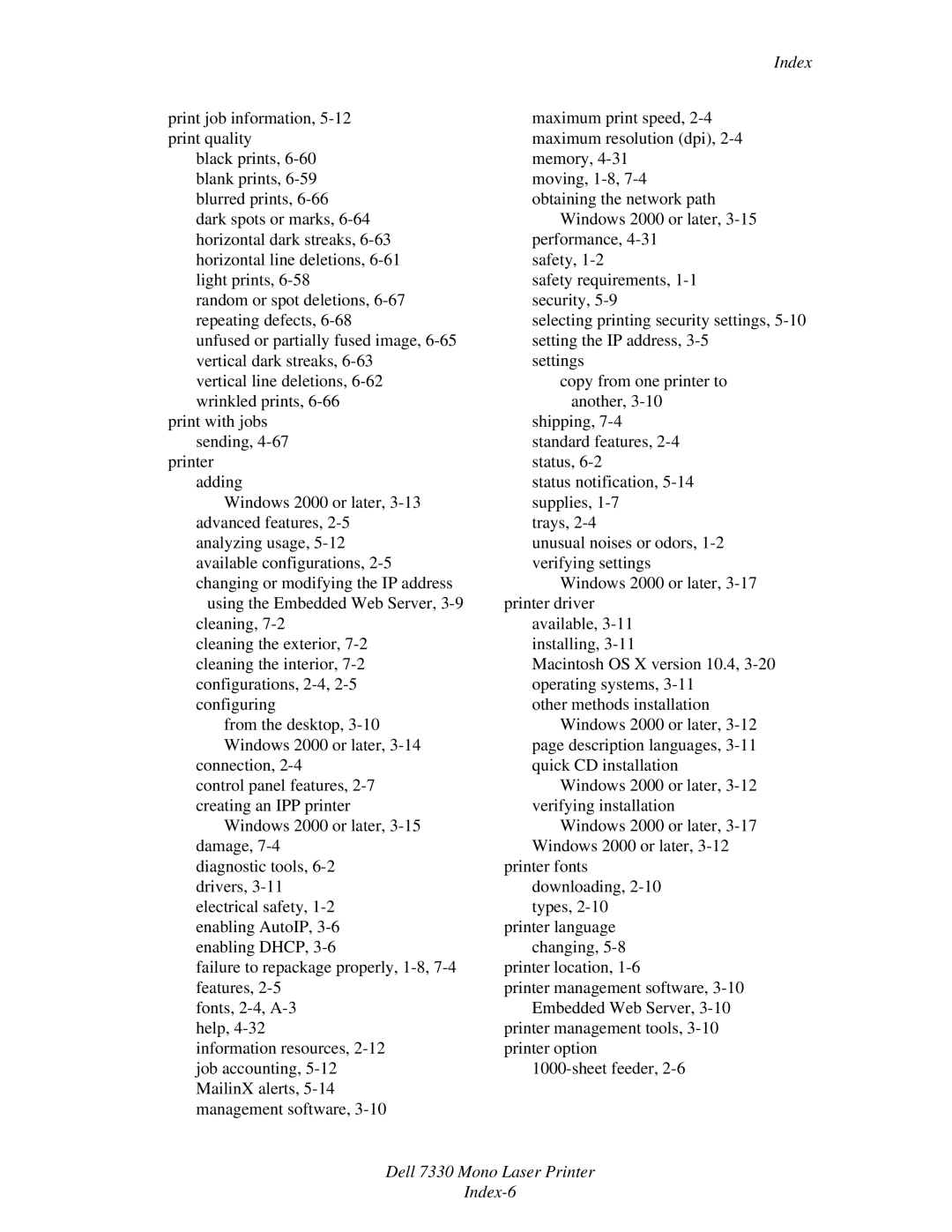 Dell manual Dell 7330 Mono Laser Printer Index-6 