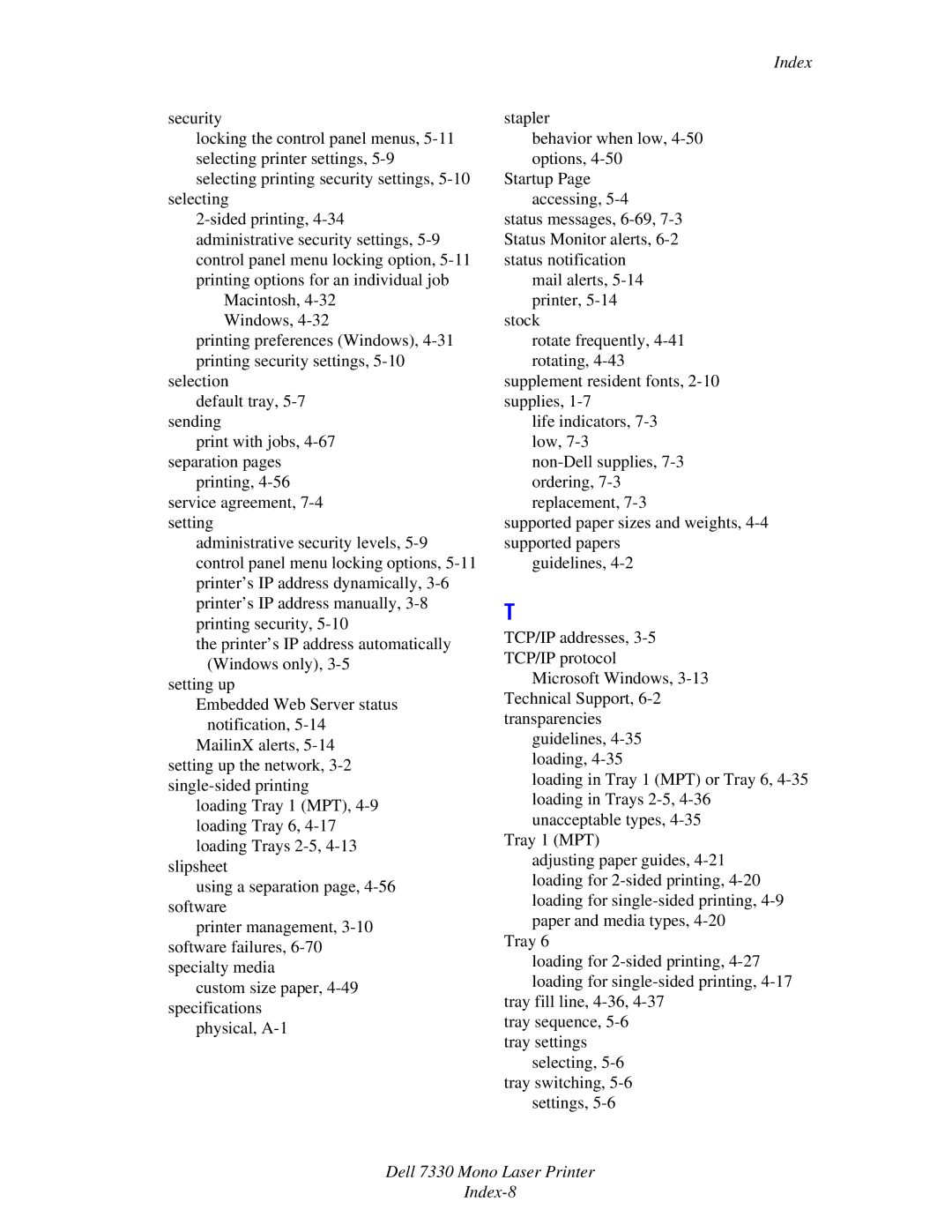 Dell manual Dell 7330 Mono Laser Printer Index-8 