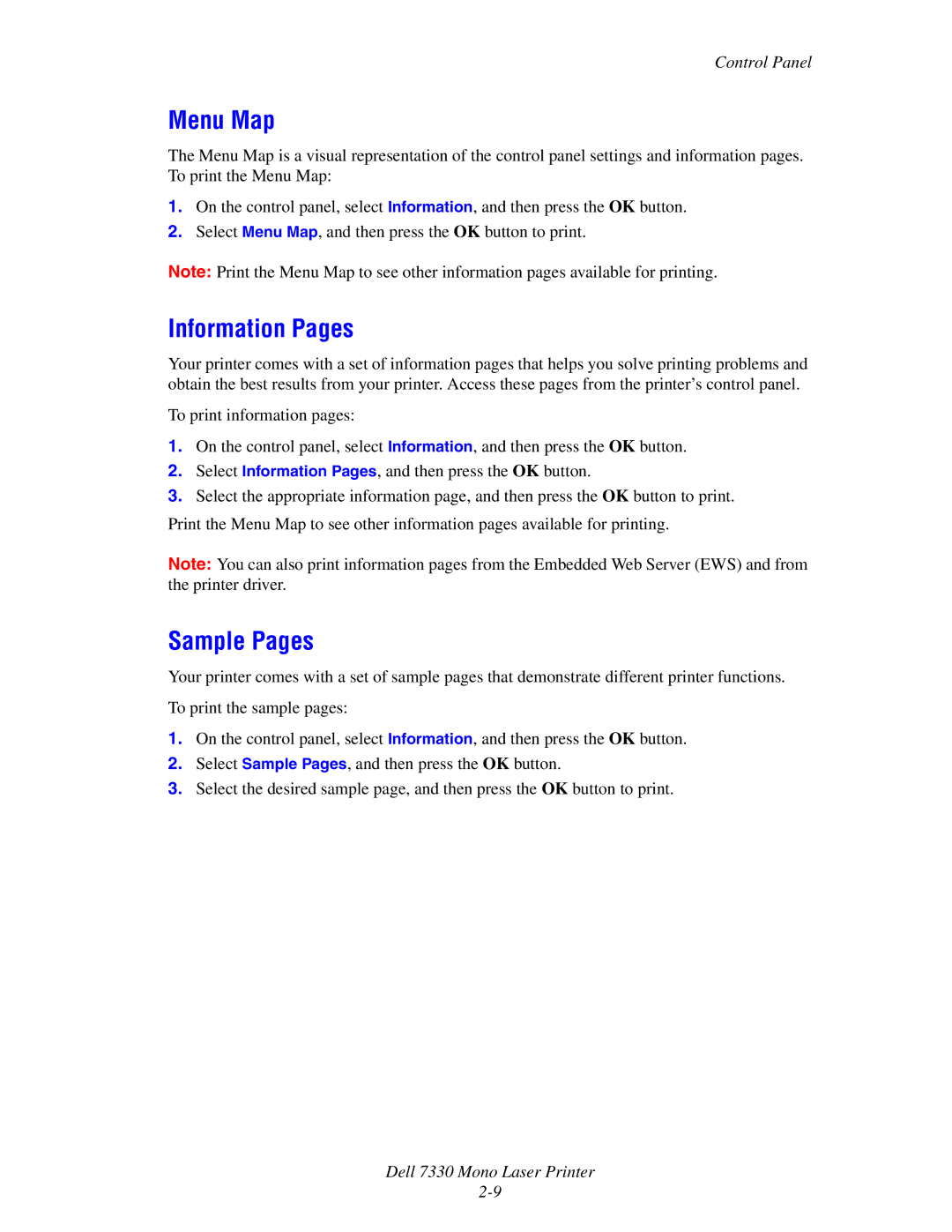 Dell 7330 manual Menu Map, Information Pages, Sample Pages 