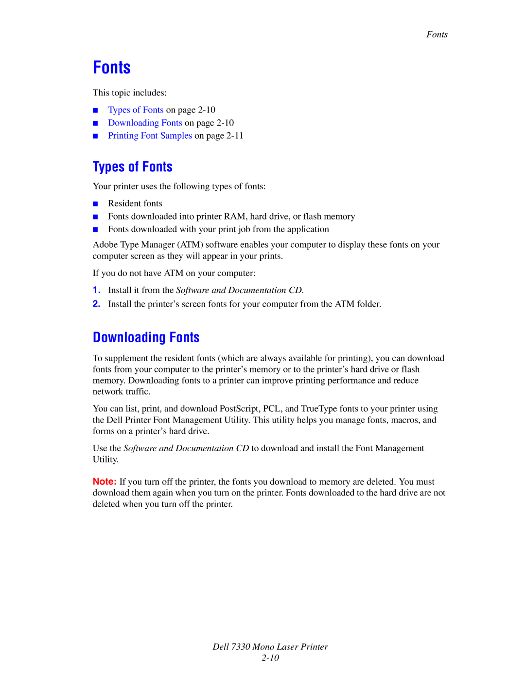 Dell 7330 manual Types of Fonts, Downloading Fonts 