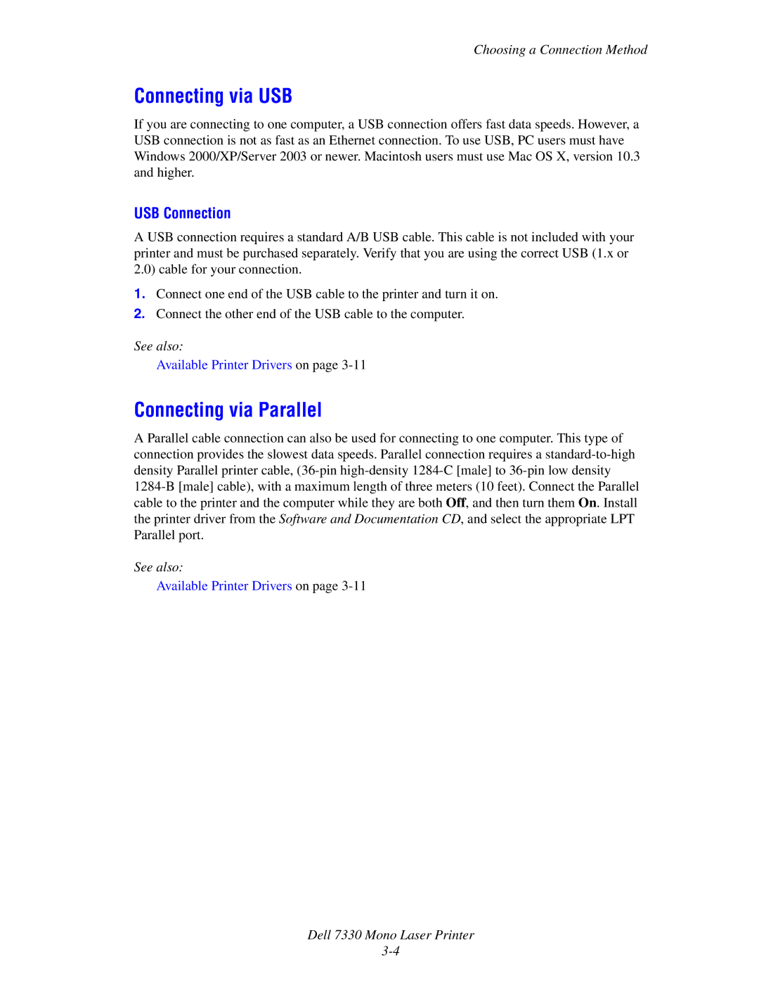 Dell 7330 manual Connecting via USB, Connecting via Parallel, USB Connection 