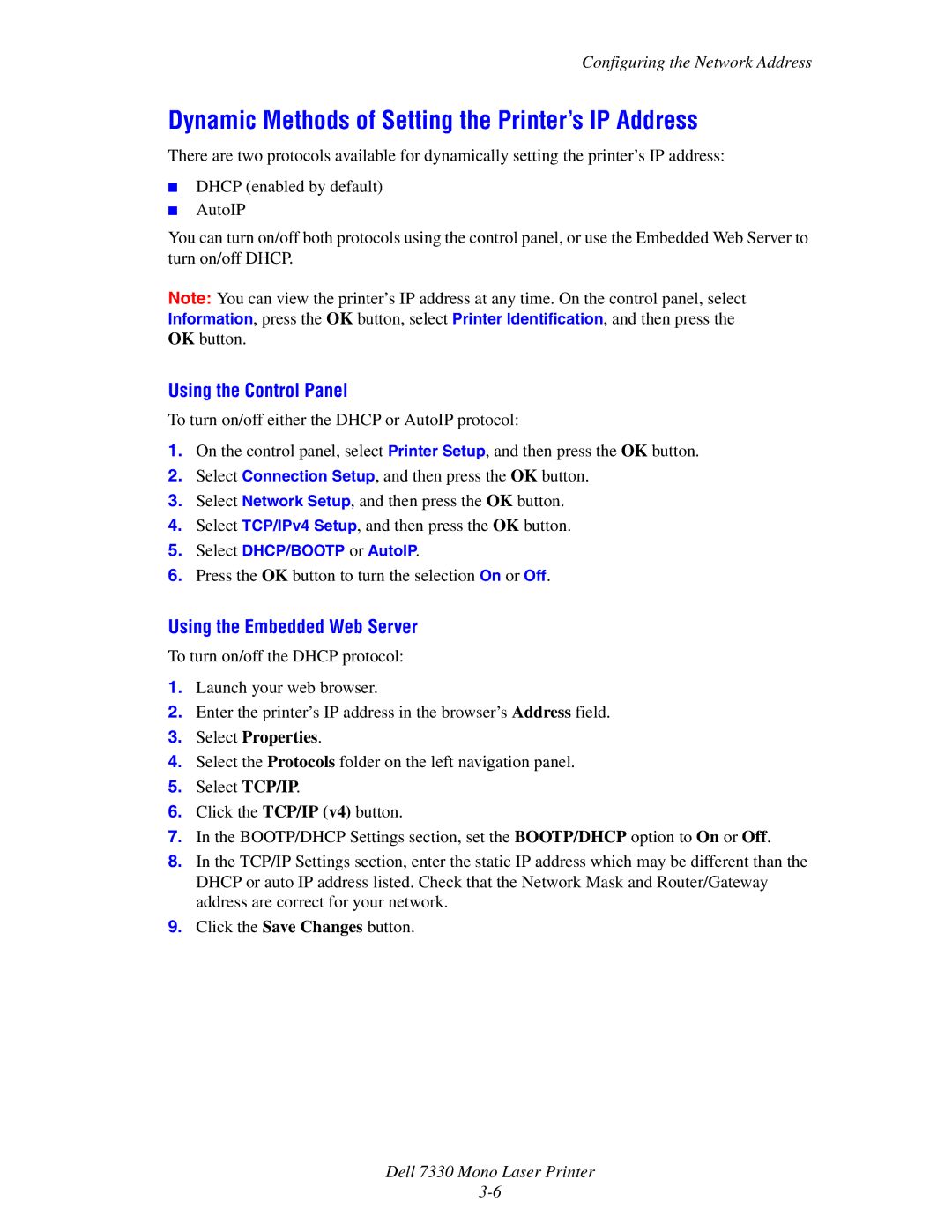 Dell 7330 manual Dynamic Methods of Setting the Printer’s IP Address, Select Properties 