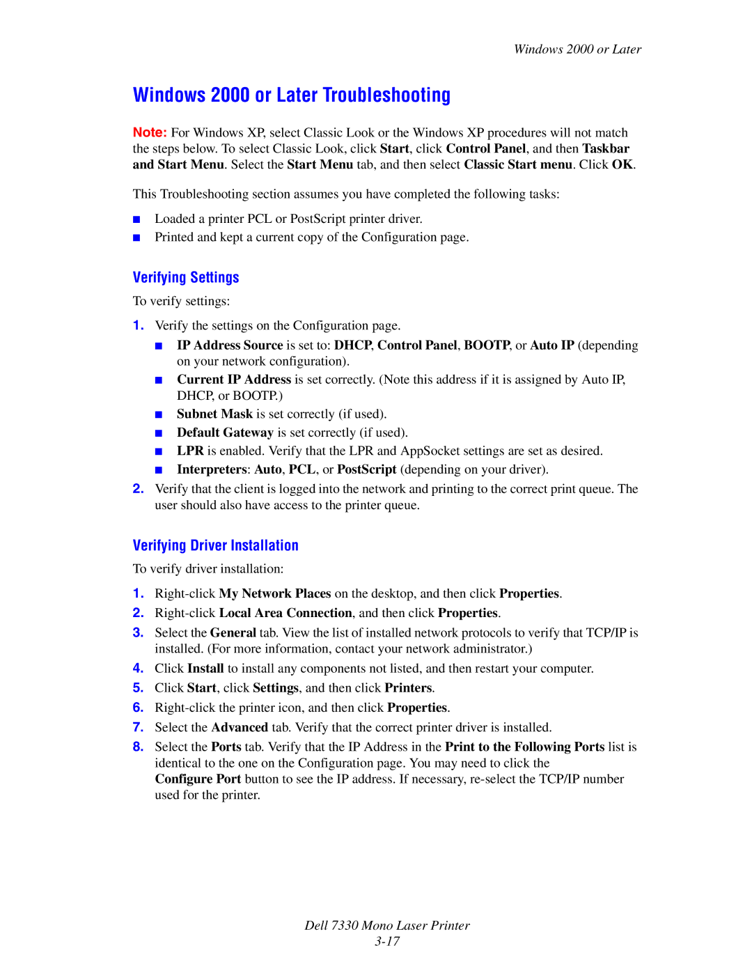 Dell 7330 manual Windows 2000 or Later Troubleshooting, Verifying Settings, Verifying Driver Installation 