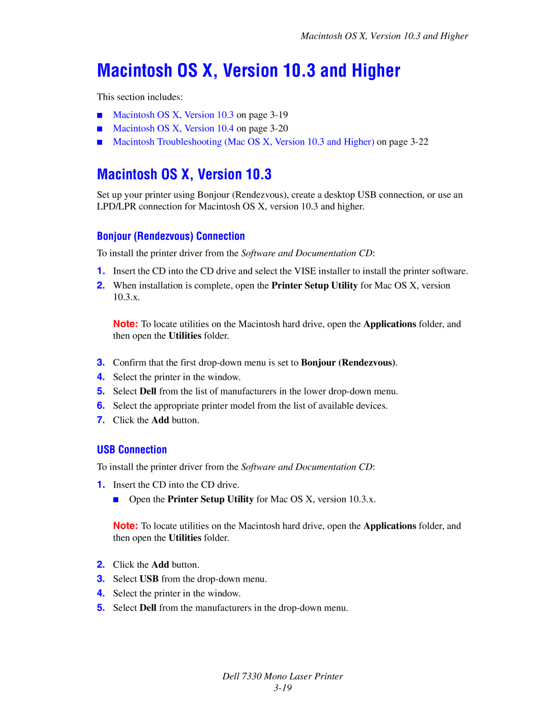 Dell 7330 manual Macintosh OS X, Version 10.3 and Higher, Bonjour Rendezvous Connection 