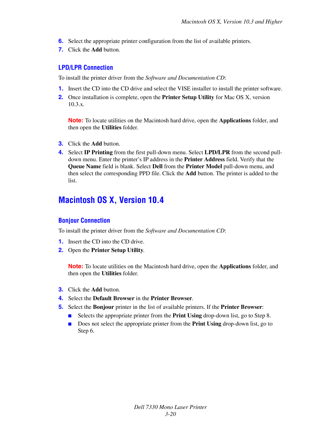 Dell 7330 manual LPD/LPR Connection, Bonjour Connection, Open the Printer Setup Utility 