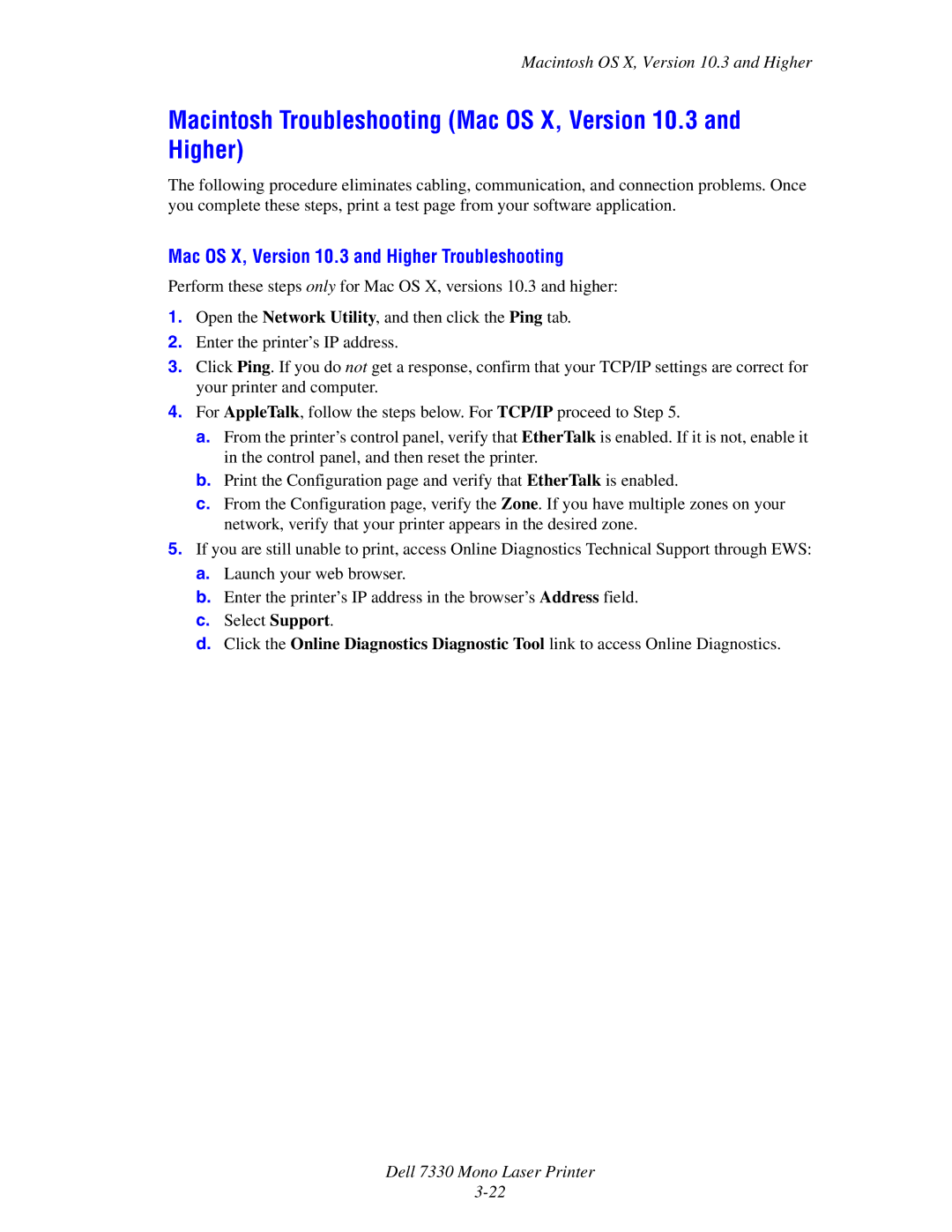 Dell 7330 Macintosh Troubleshooting Mac OS X, Version 10.3 and Higher, Mac OS X, Version 10.3 and Higher Troubleshooting 