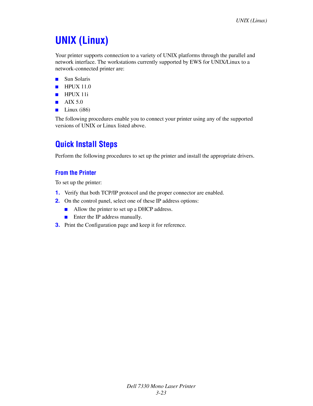 Dell 7330 manual Unix Linux, Quick Install Steps, From the Printer 