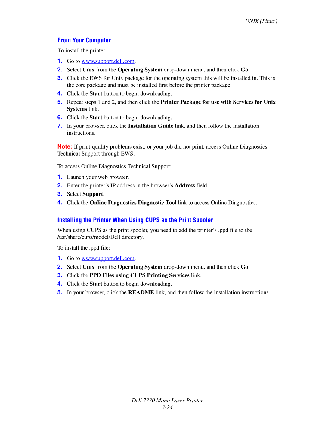 Dell 7330 manual From Your Computer, Installing the Printer When Using Cups as the Print Spooler 