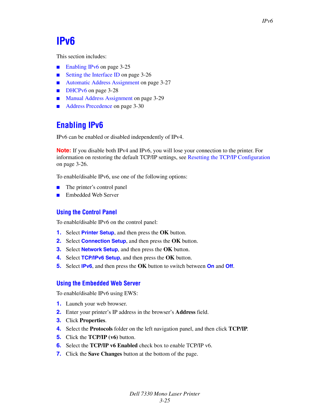 Dell 7330 manual Enabling IPv6 