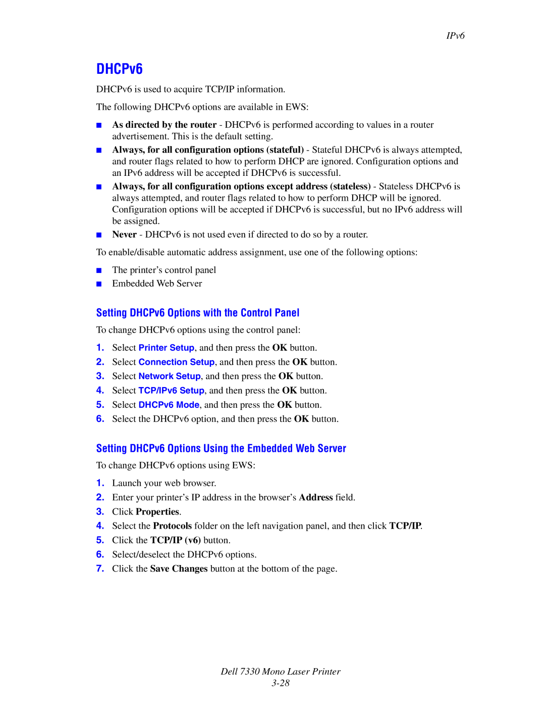 Dell 7330 manual Setting DHCPv6 Options with the Control Panel, Setting DHCPv6 Options Using the Embedded Web Server 