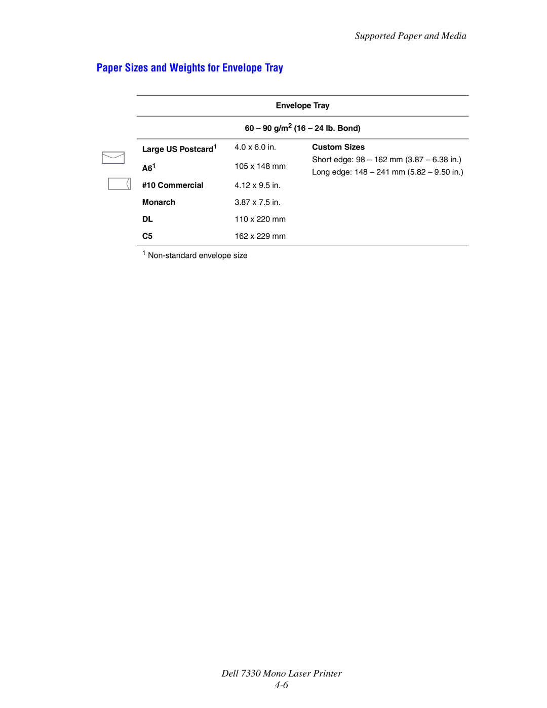 Dell 7330 manual Paper Sizes and Weights for Envelope Tray 