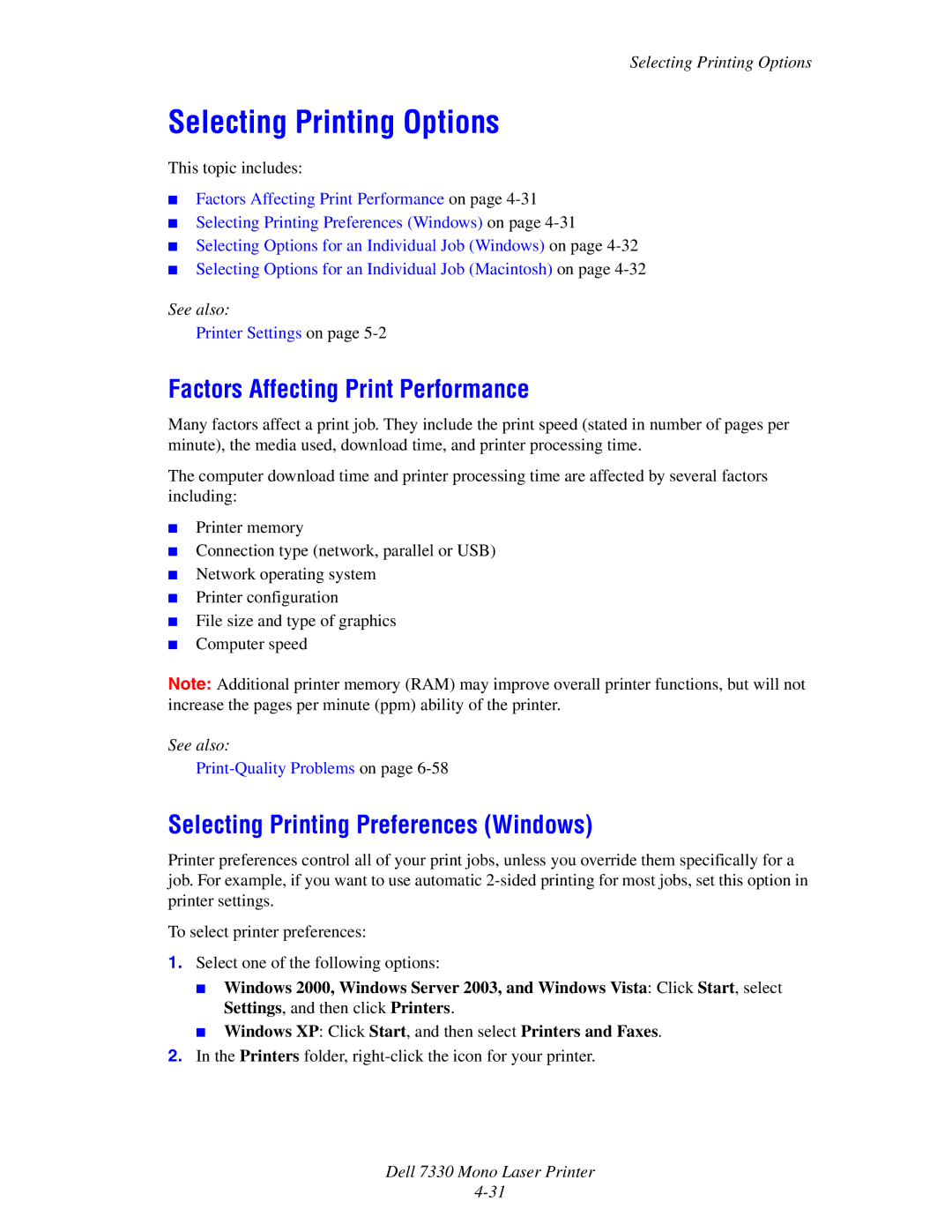 Dell 7330 manual Selecting Printing Options, Factors Affecting Print Performance, Selecting Printing Preferences Windows 