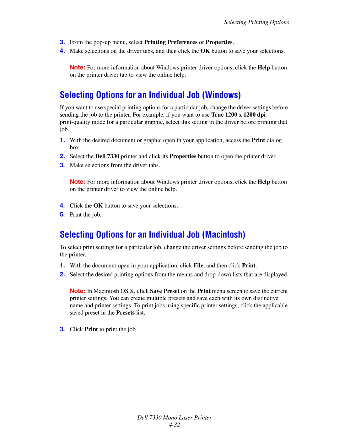 Dell 7330 manual Selecting Options for an Individual Job Windows, Selecting Options for an Individual Job Macintosh 