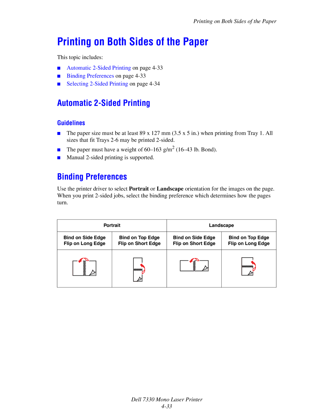 Dell 7330 manual Printing on Both Sides of the Paper, Automatic 2-Sided Printing, Binding Preferences, Guidelines 