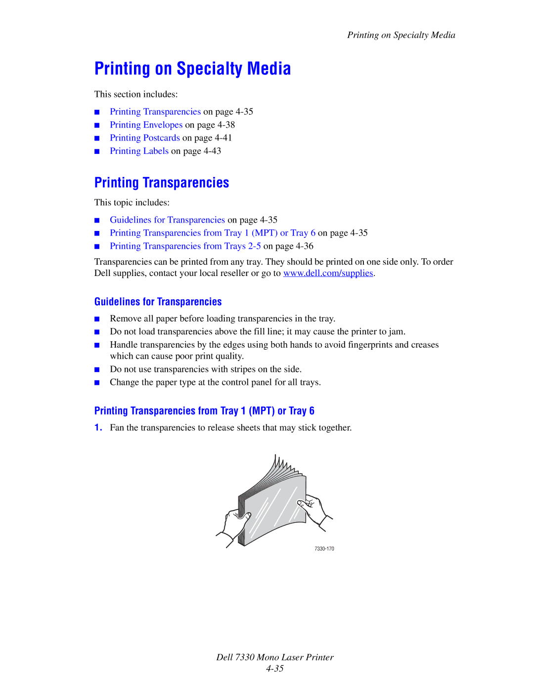 Dell 7330 manual Printing on Specialty Media, Printing Transparencies, Guidelines for Transparencies 