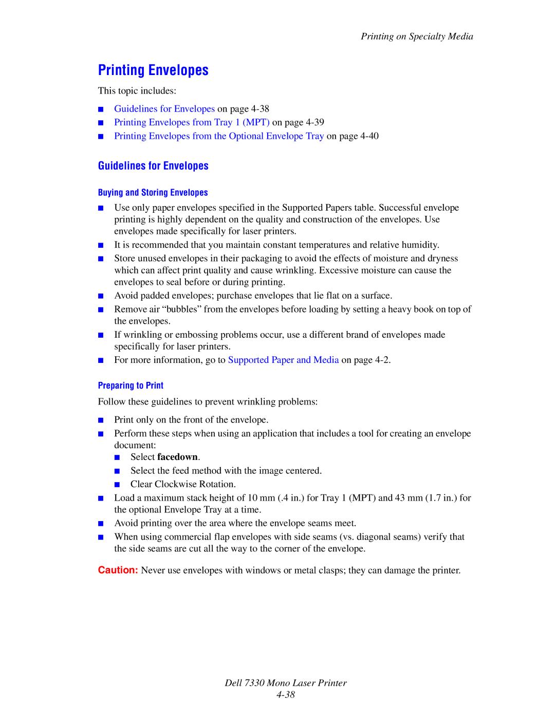 Dell 7330 manual Printing Envelopes, Guidelines for Envelopes 