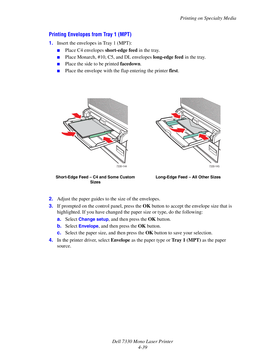 Dell 7330 manual Printing Envelopes from Tray 1 MPT 