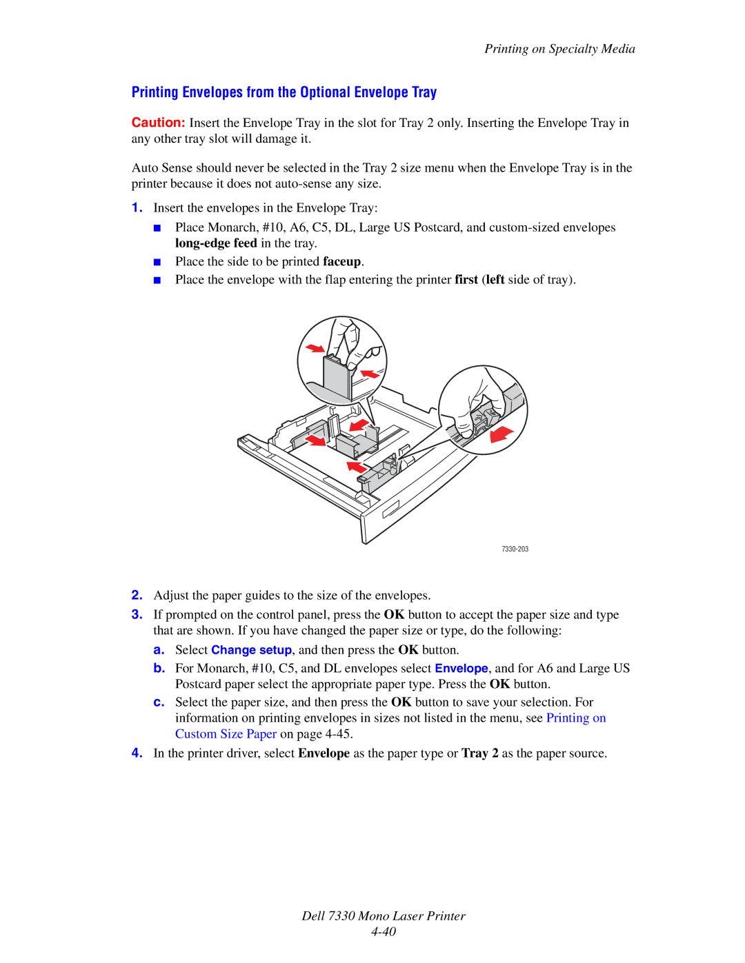 Dell 7330 manual Printing Envelopes from the Optional Envelope Tray 