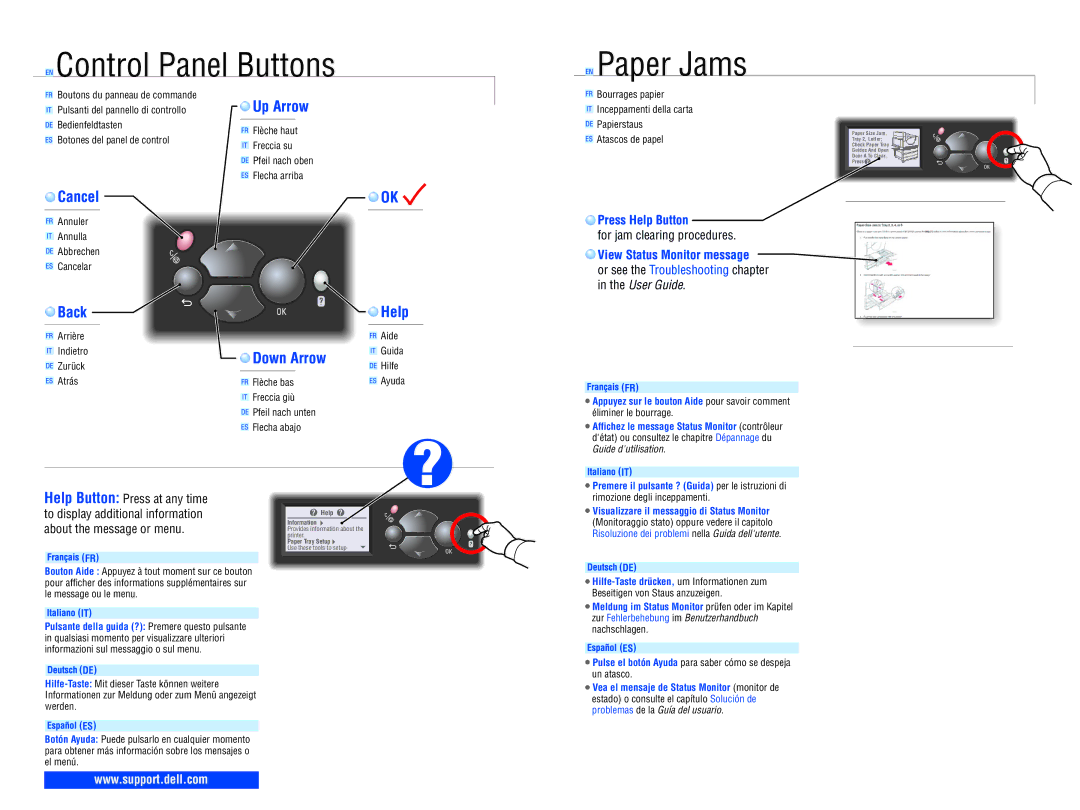 Dell 7330dn manual Control Panel Buttons Paper Jams, Cancel, Back Help, Down Arrow 