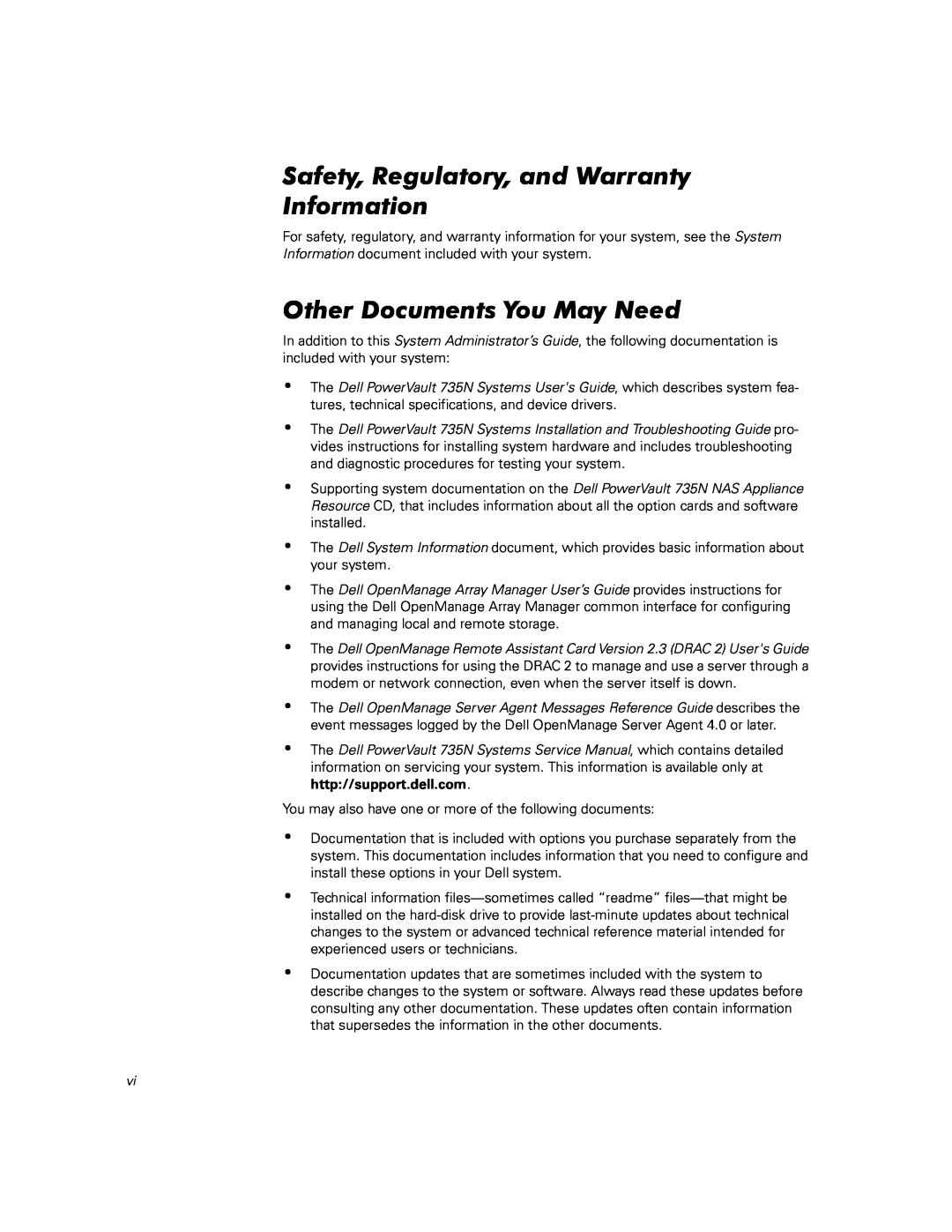 Dell 735 warranty Safety, Regulatory, and Warranty Information, Other Documents You May Need 