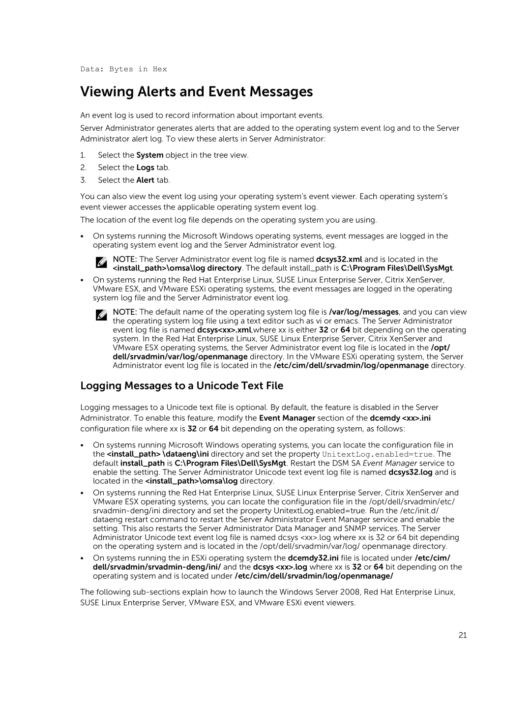 Dell 7.4 manual Viewing Alerts and Event Messages, Logging Messages to a Unicode Text File 