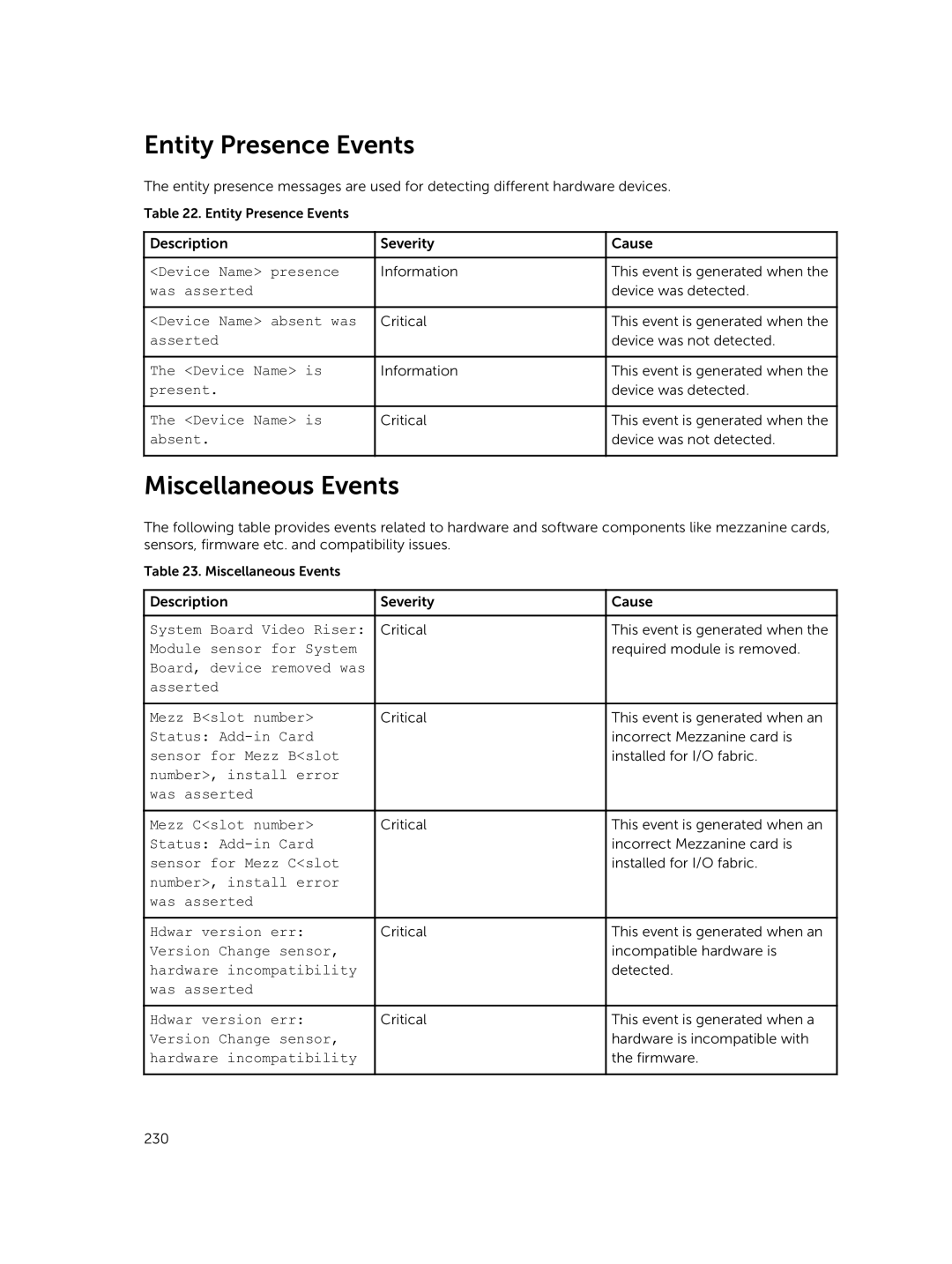 Dell 7.4 manual Entity Presence Events, Miscellaneous Events 