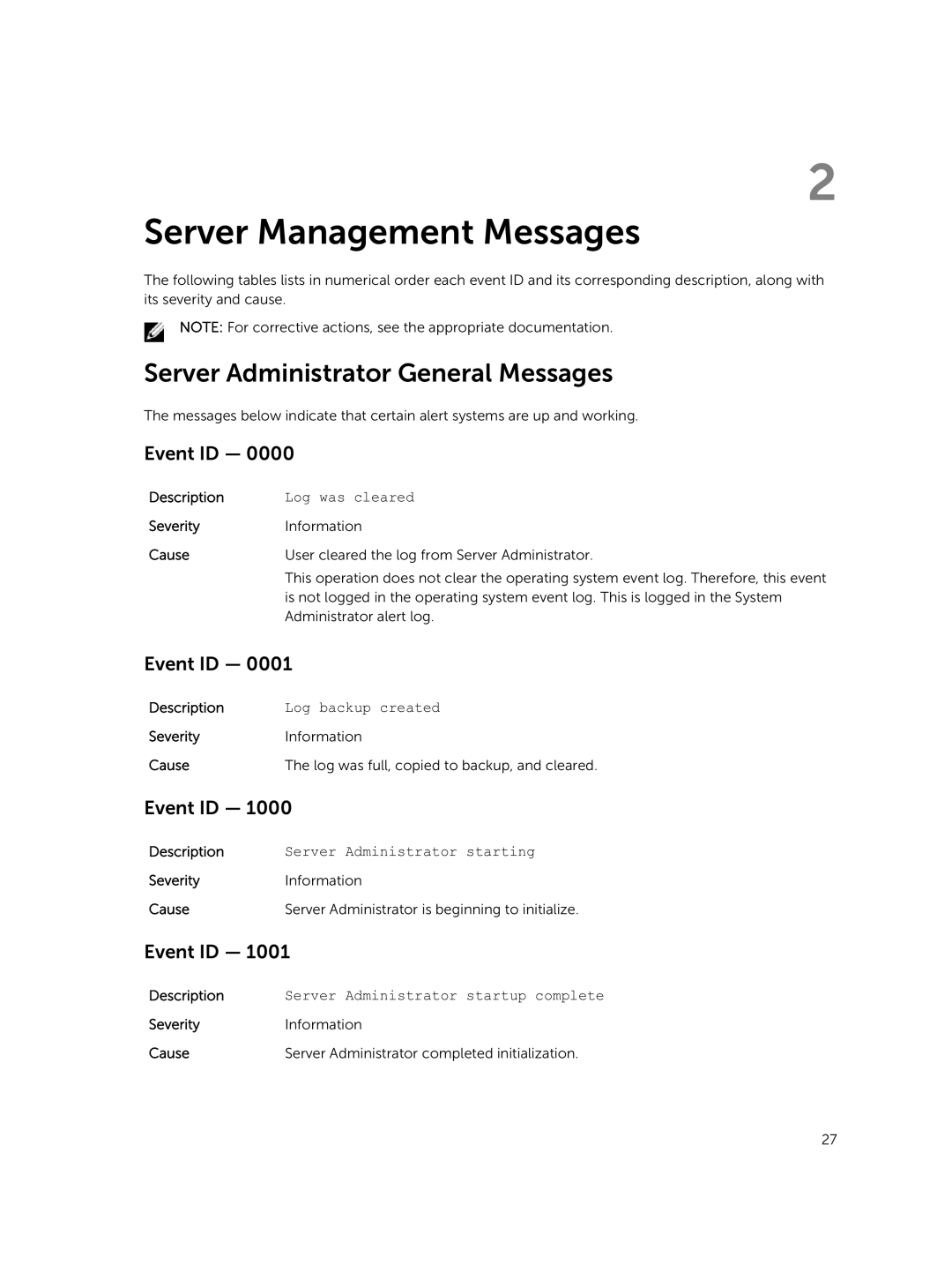 Dell 7.4 manual Server Management Messages, Server Administrator General Messages 