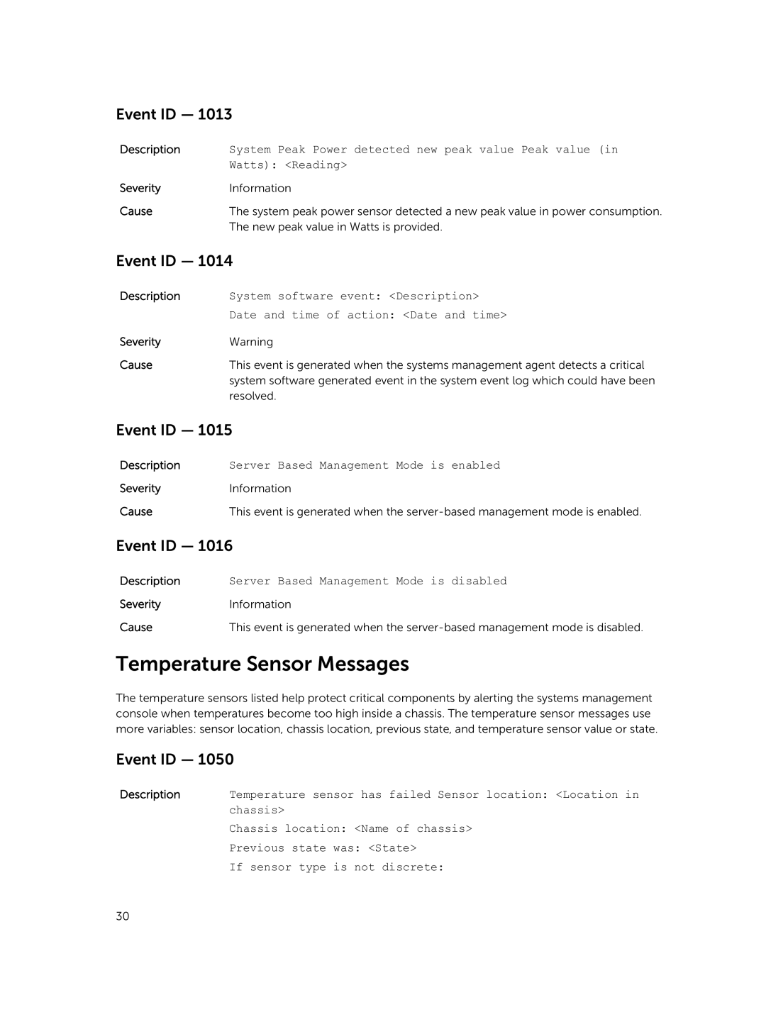 Dell 7.4 manual Temperature Sensor Messages, Watts Reading 