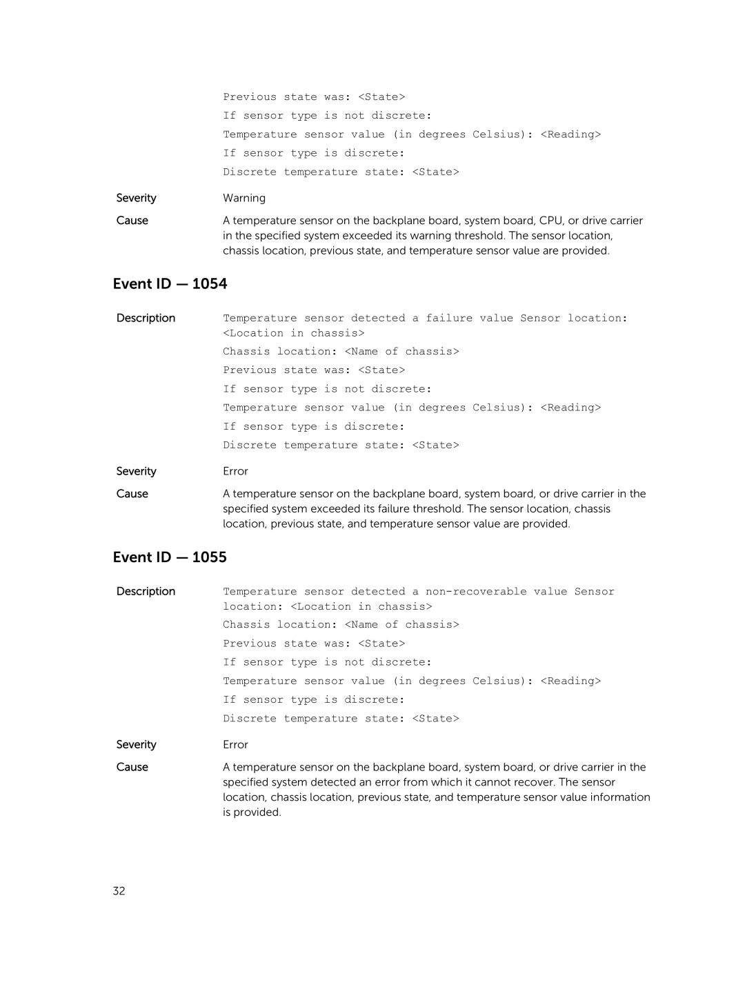 Dell 7.4 manual Temperature sensor detected a failure value Sensor location 