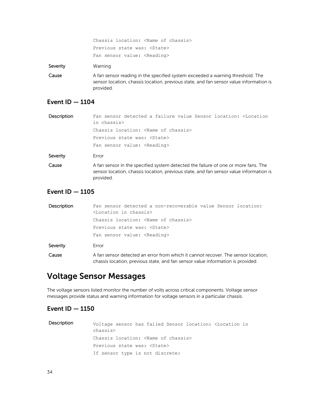 Dell 7.4 manual Voltage Sensor Messages 