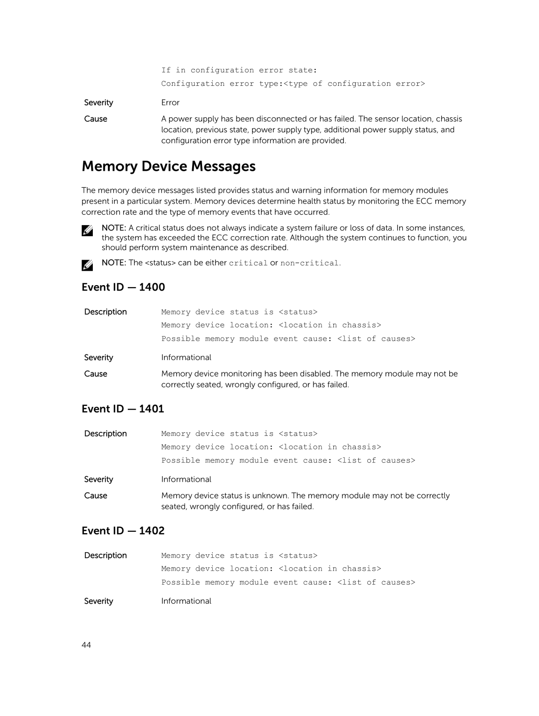 Dell 7.4 manual Memory Device Messages 