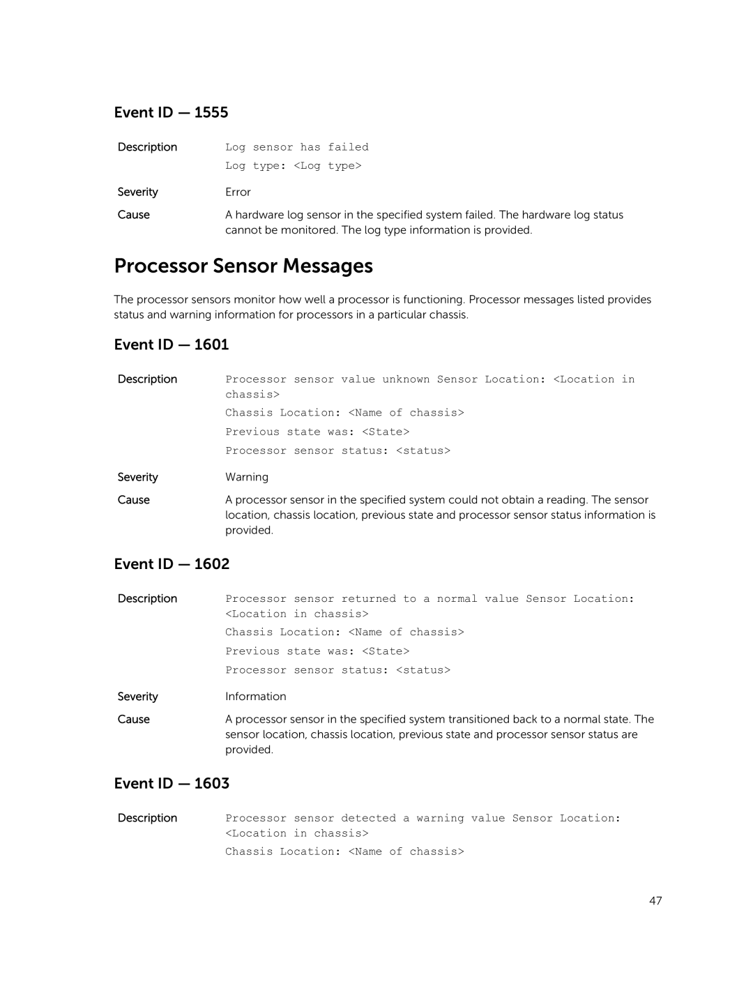 Dell 7.4 manual Processor Sensor Messages 