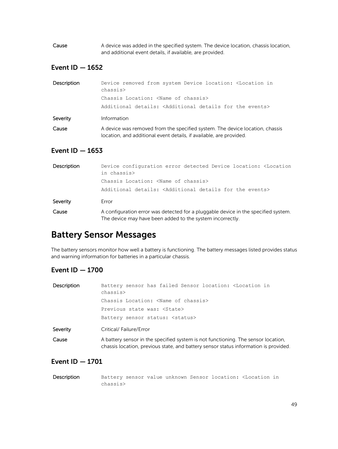 Dell 7.4 manual Battery Sensor Messages 